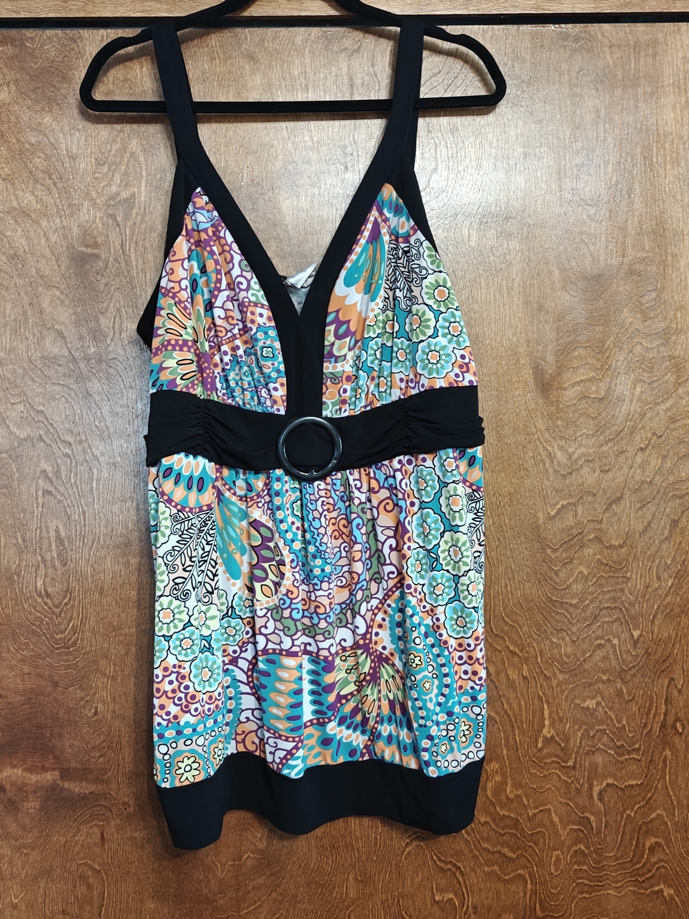 Fashion Bug Multicolor Floral Paisley V-Neck Tank with Black Trim